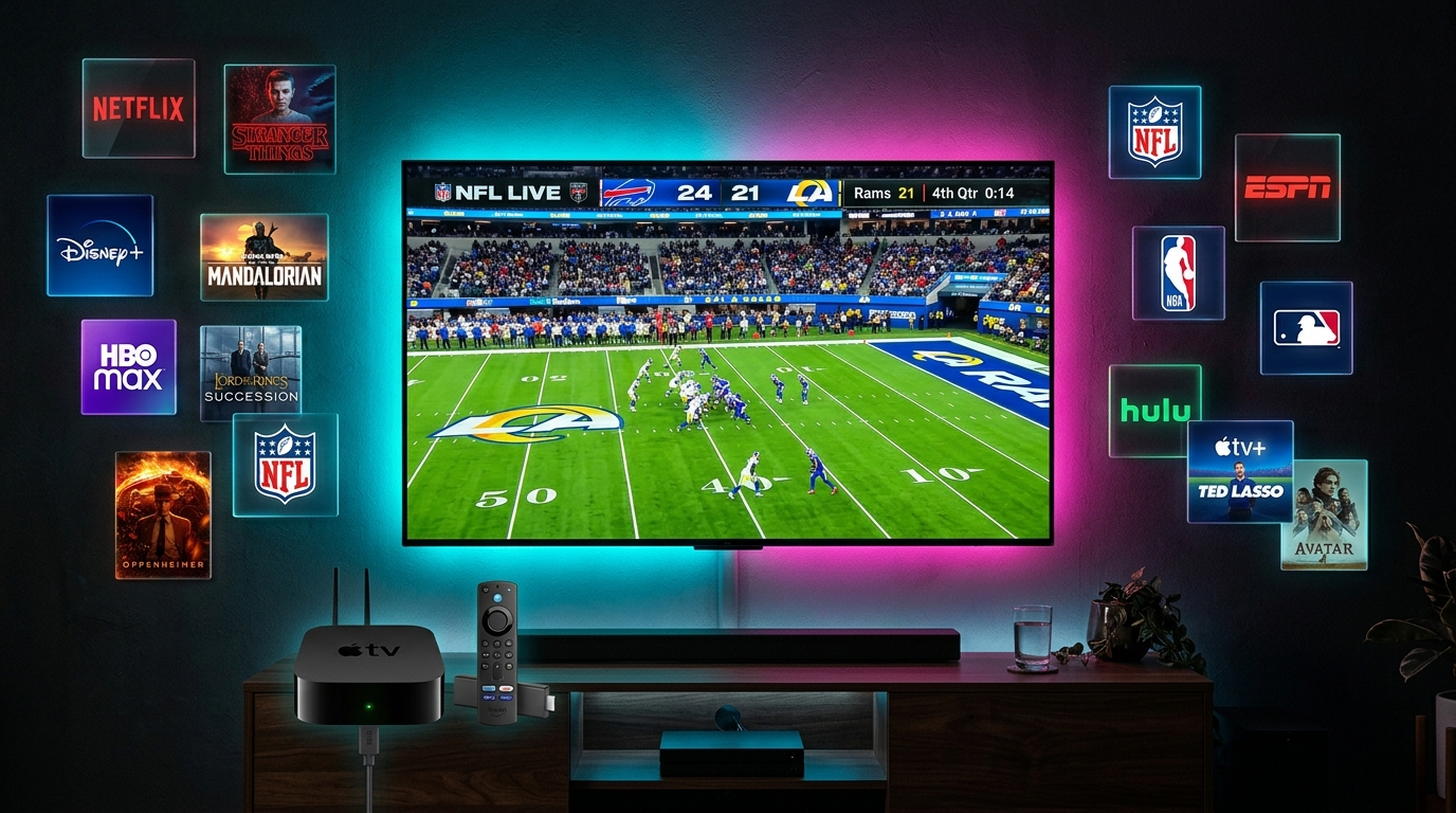 IPTV USA streaming on 4K OLED TV with live NFL, movies and sports